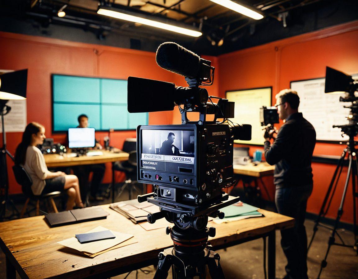 A vibrant film set with a camera, crew, and clapperboard, surrounded by colorful insurance forms and policies scattered around, highlighting themes of protection and creativity. Soft theatrical lighting casts dramatic shadows, inviting the viewer into the filmmaking world. Include a director pointing toward the camera, symbolizing guidance and success. super-realistic. vibrant colors. dramatic lighting.