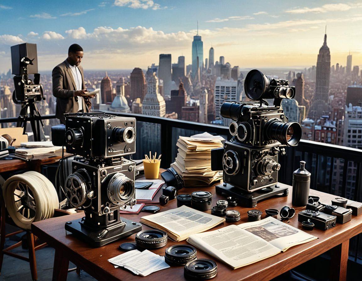 A dynamic film set showcasing diverse filmmakers collaborating, surrounded by various insurance documents and props like cameras and clapperboards. Incorporate a vintage film reel to symbolize cinematic history, along with a scenic backdrop of a cityscape reflecting creativity. The atmosphere should be vibrant and inspiring, conveying the essence of filmmaking and the importance of insurance. super-realistic. vibrant colors. 3D.