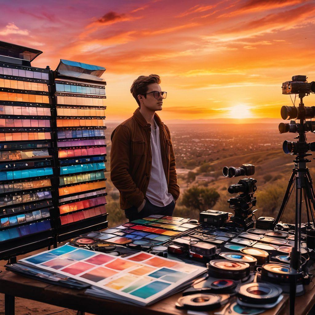 An artistic representation of a cinematic landscape featuring a young cinematographer adjusting their camera, surrounded by vibrant film reels and protective eyewear. The background shows a breathtaking sunset over a film set, symbolizing both creativity and vision protection. Include elements like insurance documents scattered among the film gear, emphasizing the theme of insurance in cinematography. soft-focus and warm colors. vibrant colors. painting.